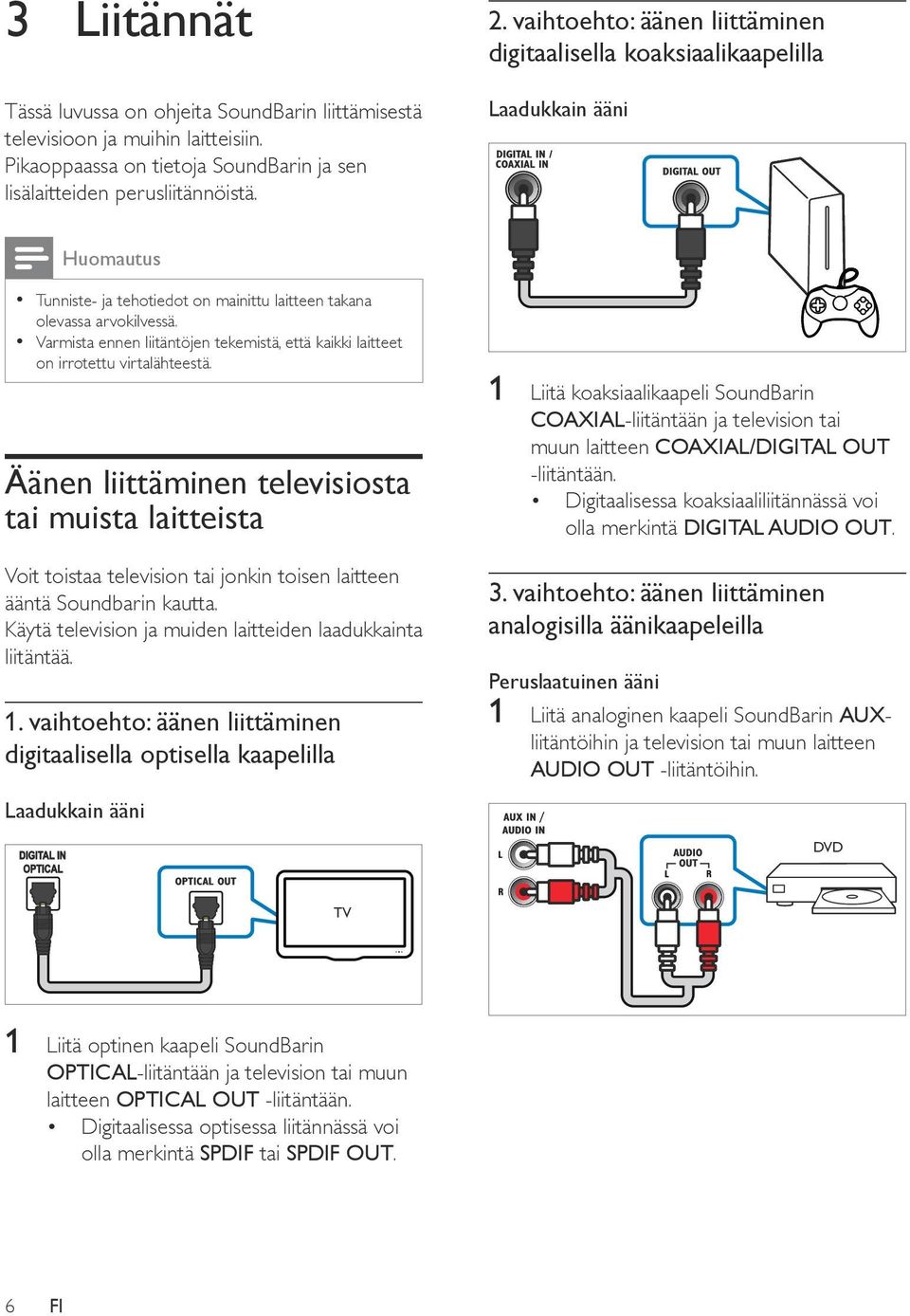 Varmista ennen liitäntöjen tekemistä, että kaikki laitteet on irrotettu virtalähteestä.