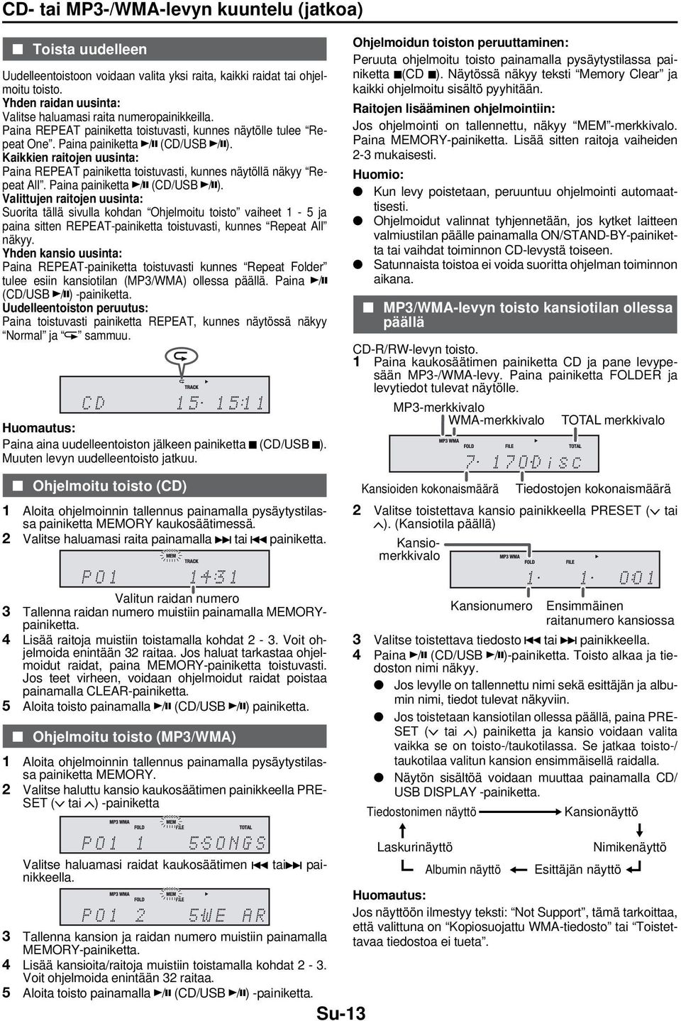 Kaikkien raitojen uusinta: Paina REPEAT painiketta toistuvasti, kunnes näytöllä näkyy Repeat All. Paina painiketta / (CD/USB / ).