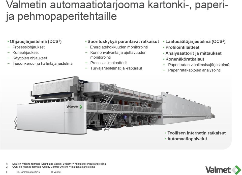 -ratkaisut Laatusäätöjärjestelmä (QCS 2 ) Profilointilaitteet Analysaattorit ja mittaukset Konenäköratkaisut Paperiradan vianilmaisujärjestelmä Paperiratakatkojen analysointi