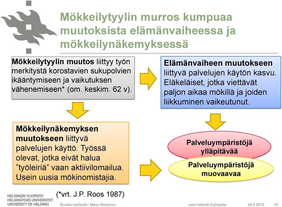 Eläkeläiset, jotka viettävät paljon aikaa mökillä ja joiden liikkuminen vaikeutunut. Mökkeilynäkemyksen muutokseen liittyvä palvelujen käyttö.