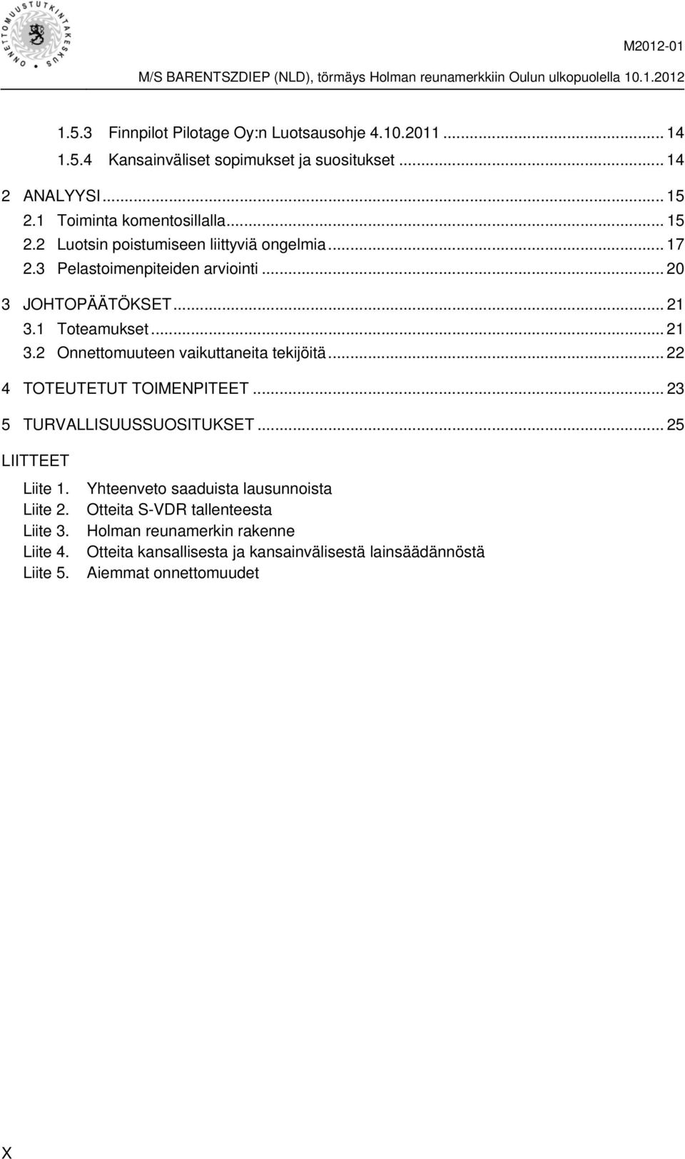 1 Toteamukset... 21 3.2 Onnettomuuteen vaikuttaneita tekijöitä... 22 4 TOTEUTETUT TOIMENPITEET... 23 5 TURVALLISUUSSUOSITUKSET... 25 LIITTEET Liite 1. Liite 2.