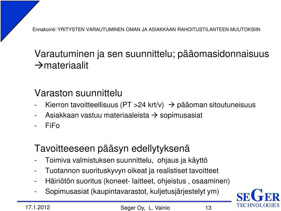 Toimiva valmistuksen suunnittelu, ohjaus ja käyttö - Tuotannon suorituskyvyn oikeat ja realistiset tavoitteet - Häiriötön