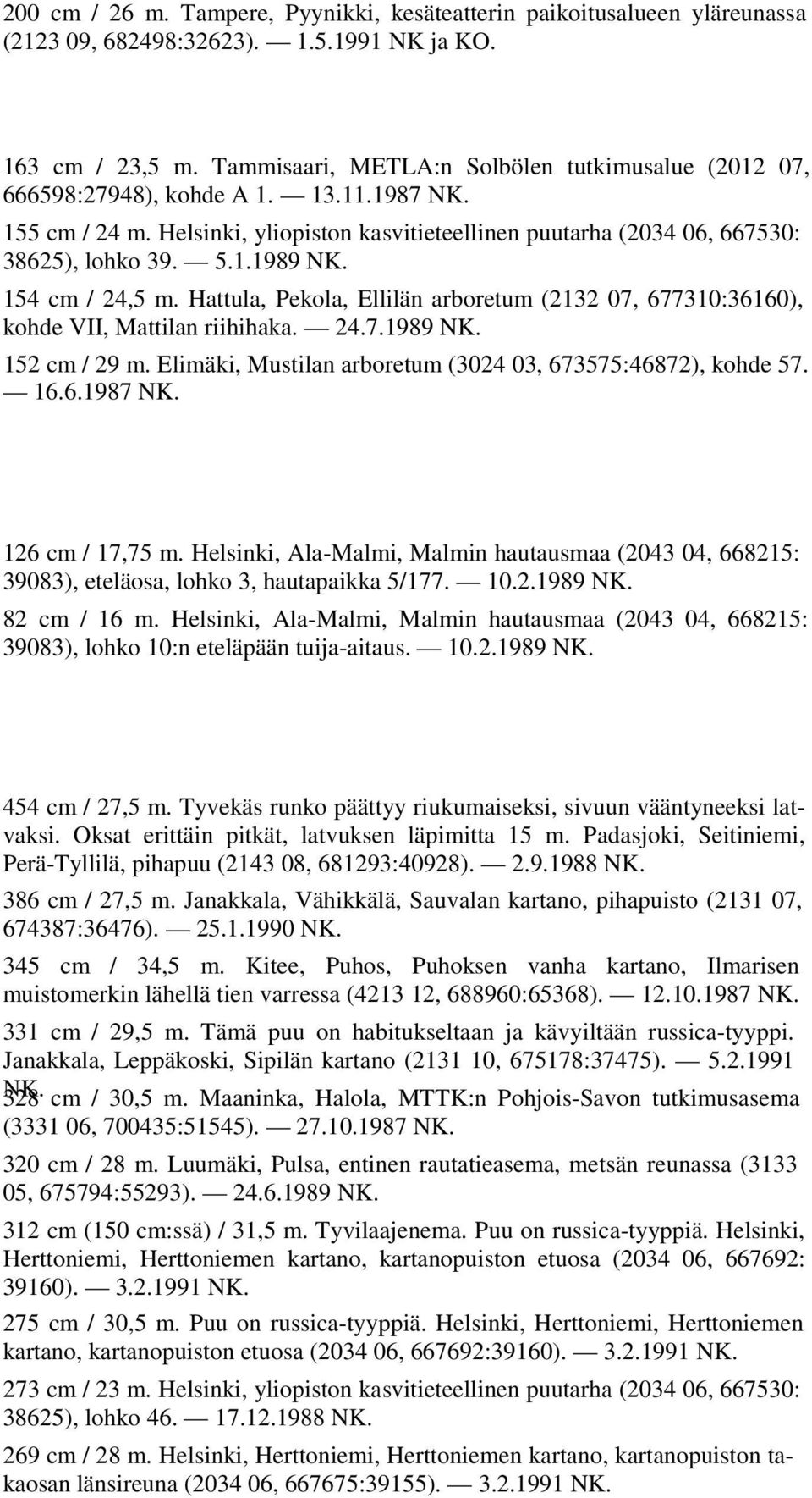 154 cm / 24,5 m. Hattula, Pekola, Ellilän arboretum (2132 07, 677310:36160), kohde VII, Mattilan riihihaka. 24.7.1989 NK. 152 cm / 29 m. Elimäki, Mustilan arboretum (3024 03, 673575:46872), kohde 57.