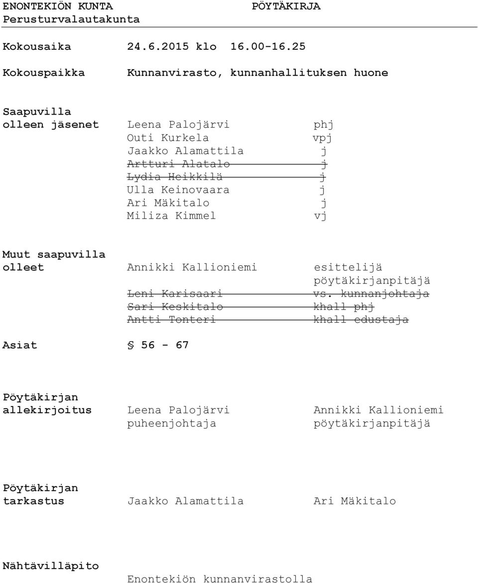Heikkilä j Ulla Keinovaara j Ari Mäkitalo j Miliza Kimmel vj Muut saapuvilla olleet Annikki Kallioniemi esittelijä pöytäkirjanpitäjä Leni Karisaari vs.