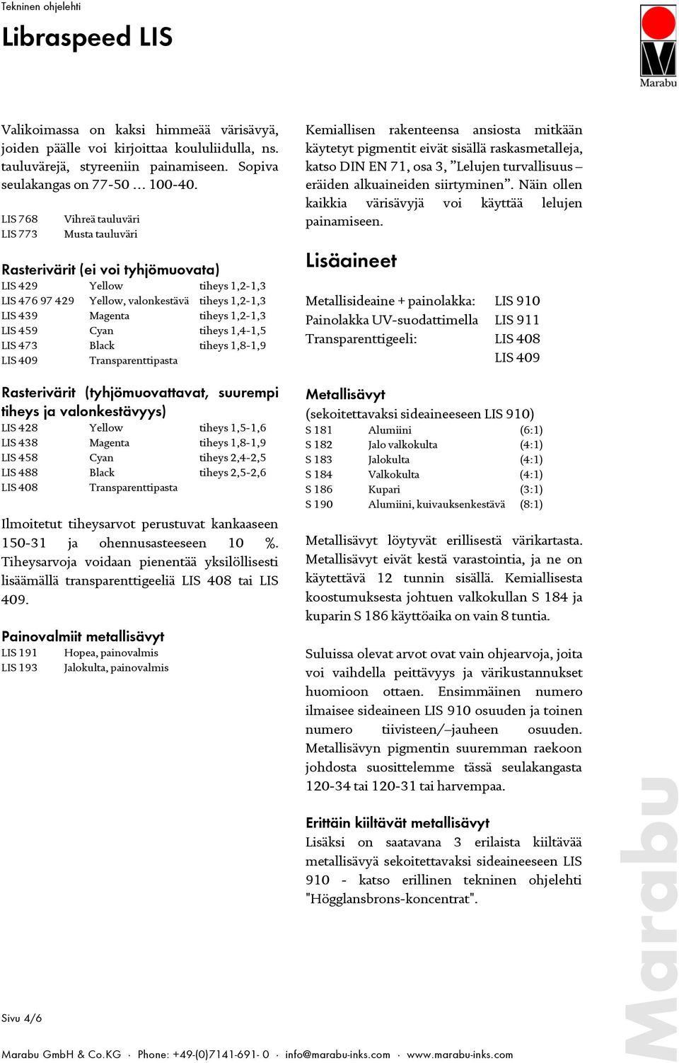 459 Cyan tiheys 1,4-1,5 LIS 473 Black tiheys 1,8-1,9 LIS 409 Transparenttipasta Kemiallisen rakenteensa ansiosta mitkään käytetyt pigmentit eivät sisällä raskasmetalleja, katso DIN EN 71, osa 3,