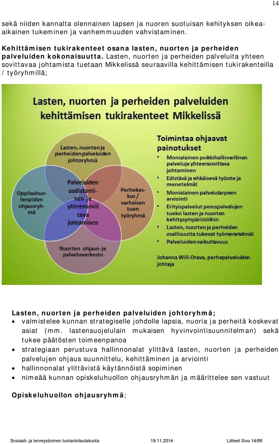Lasten, nuorten ja perheiden palveluita yhteen sovittavaa johtamista tuetaan Mikkelissä seuraavilla kehittämisen tukirakenteilla / työryhmillä; Lasten, nuorten ja perheiden palveluiden johtoryhmä;