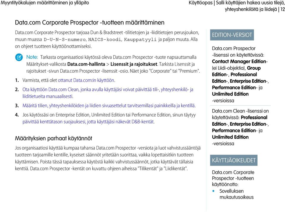 Alla on ohjeet tuotteen käyttöönottamiseksi. Note: Tarkasta organisaatiosi käytössä oleva Data.com Prospector -tuote napsauttamalla Määritykset-valikosta Data.com-hallinta > Lisenssit ja rajoitukset.