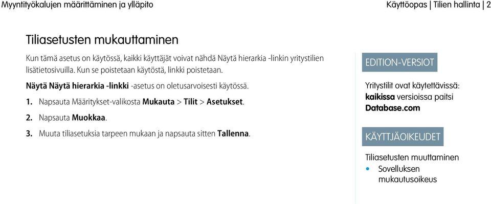 Näytä Näytä hierarkia -linkki -asetus on oletusarvoisesti käytössä. 1. Napsauta Määritykset-valikosta Mukauta > Tilit > Asetukset. 2.