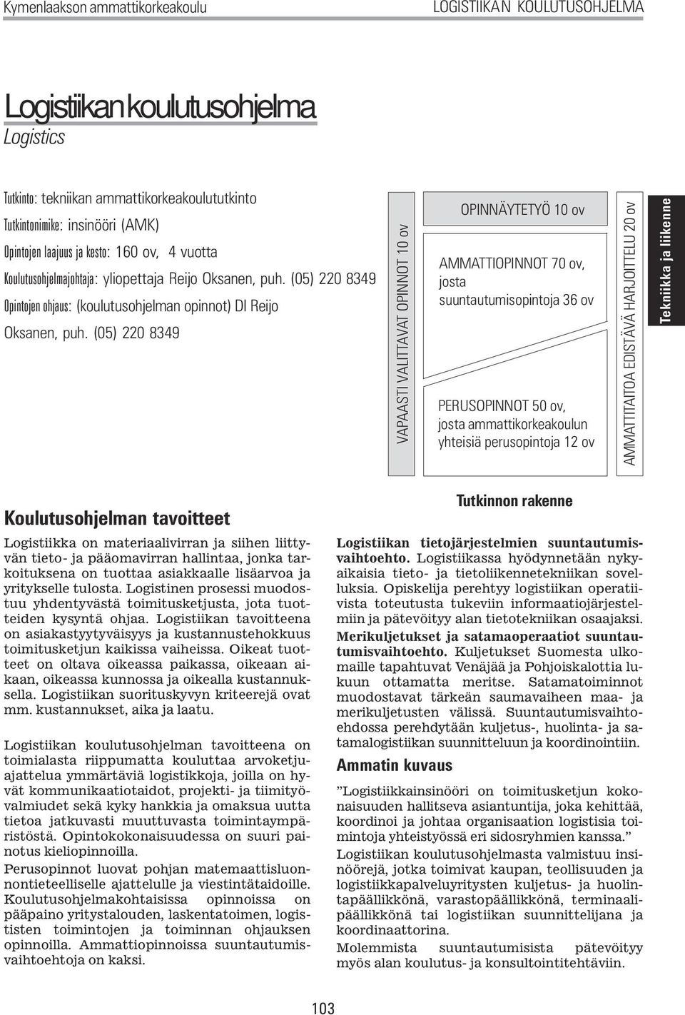 (05) 220 8349 VAPAASTI VALITTAVAT OPINNOT 10 ov OPINNÄYTETYÖ 10 ov AMMATTIOPINNOT 70 ov, josta suuntautumisopintoja 36 ov PERUSOPINNOT 50 ov, josta ammattikorkeakoulun yhteisiä perusopintoja 12 ov