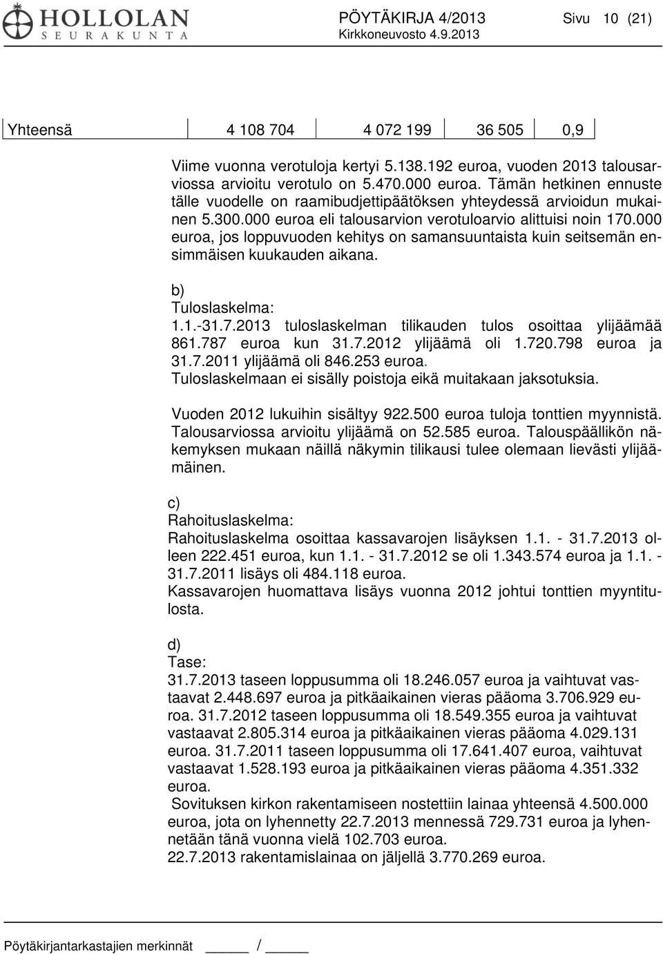 000 euroa, jos loppuvuoden kehitys on samansuuntaista kuin seitsemän ensimmäisen kuukauden aikana. b) Tuloslaskelma: 1.1.-31.7.2013 tuloslaskelman tilikauden tulos osoittaa ylijäämää 861.