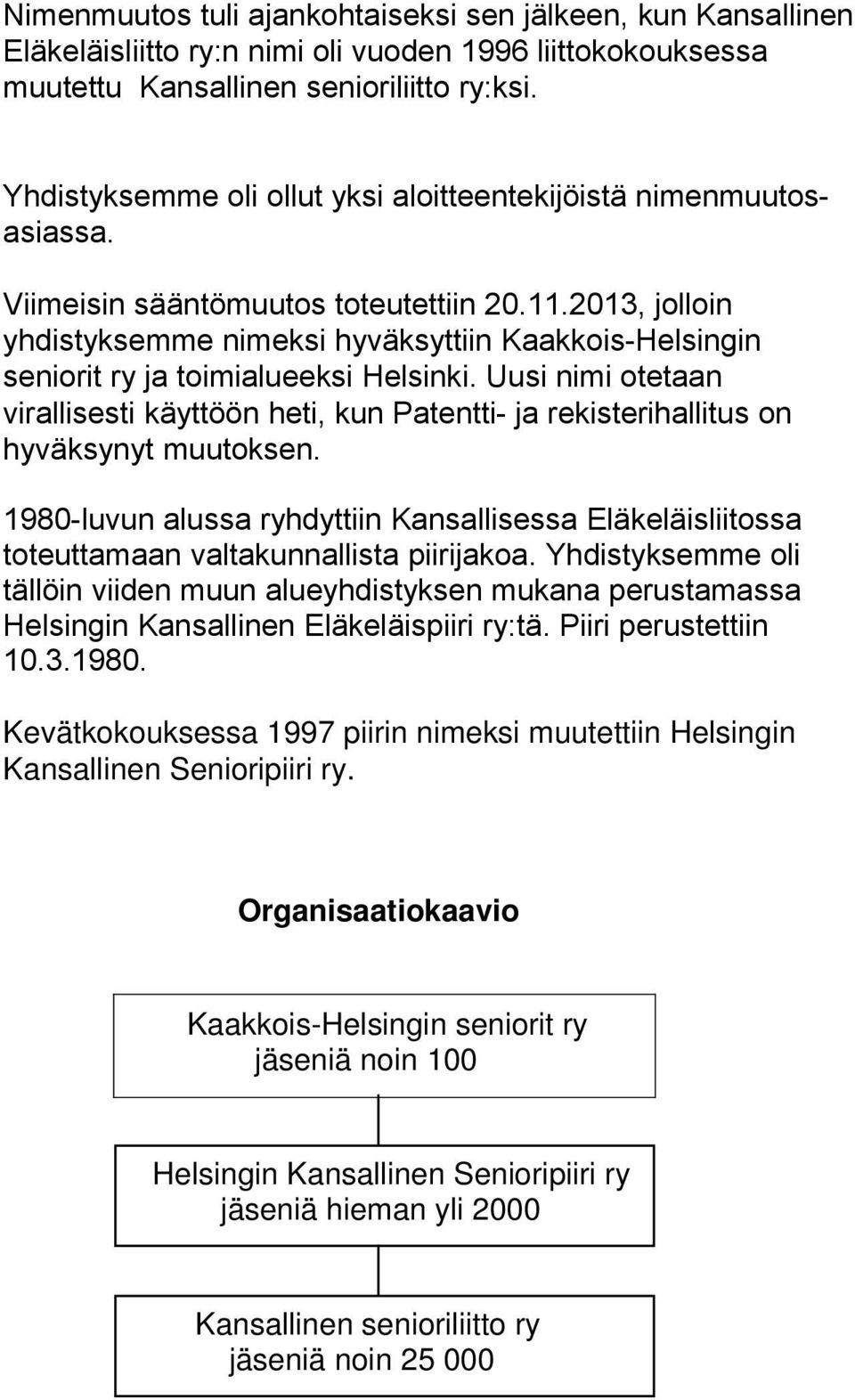 2013, jolloin yhdistyksemme nimeksi hyväksyttiin Kaakkois-Helsingin seniorit ry ja toimialueeksi Helsinki.