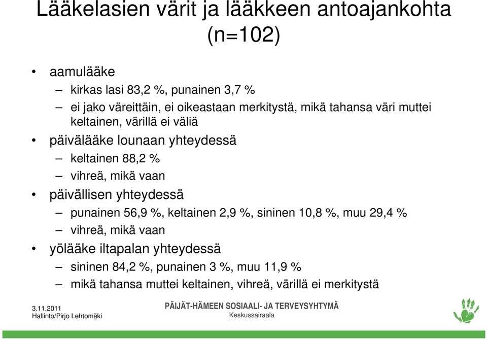vihreä, mikä vaan päivällisen yhteydessä punainen 56,9 %, keltainen 2,9 %, sininen 10,8 %, muu 29,4 % vihreä, mikä vaan