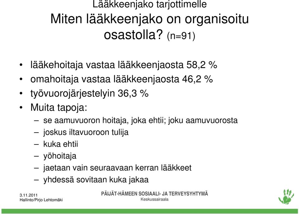työvuorojärjestelyin 36,3 % Muita tapoja: se aamuvuoron hoitaja, joka ehtii; joku
