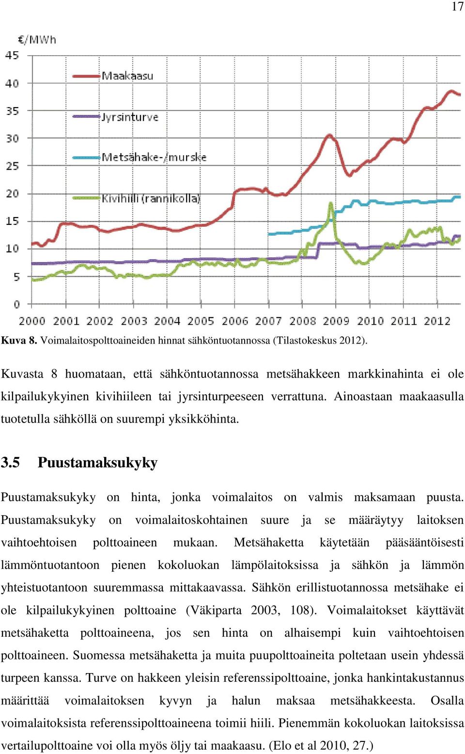 Ainoastaan maakaasulla tuotetulla sähköllä on suurempi yksikköhinta. 3.5 Puustamaksukyky Puustamaksukyky on hinta, jonka voimalaitos on valmis maksamaan puusta.