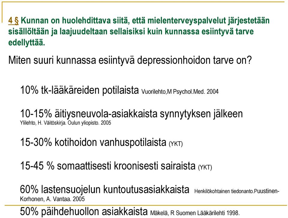 2004 10-15% äitiysneuvola-asiakkaista synnytyksen jälkeen Ylilehto, H. Väitöskirja. Oulun yliopisto.