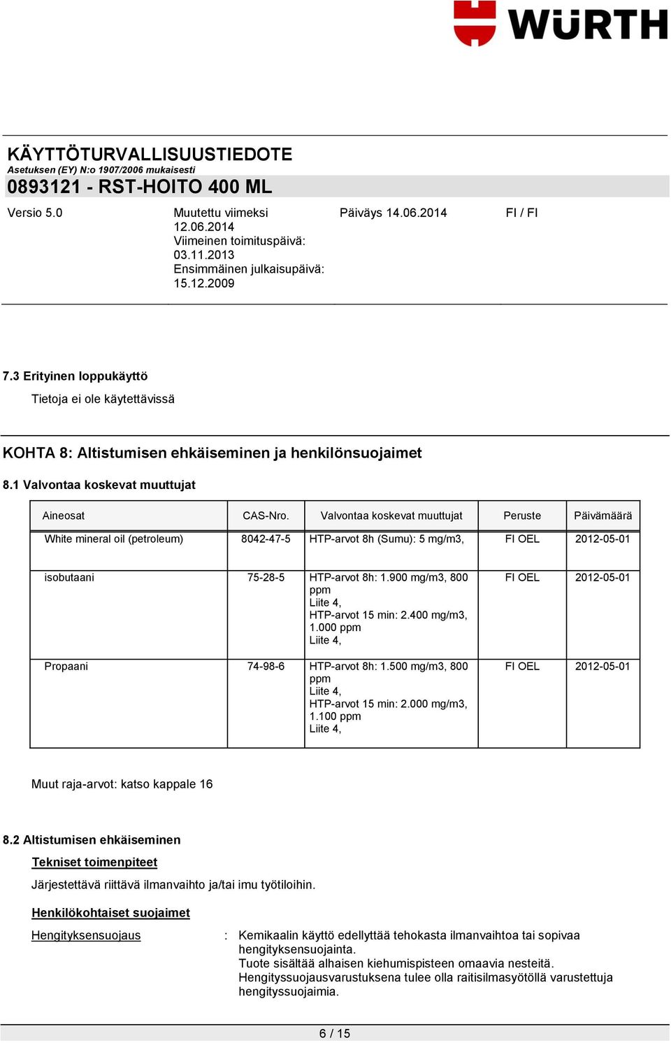 900 mg/m3, 800 ppm Liite 4, HTP-arvot 15 min: 2.400 mg/m3, 1.000 ppm Liite 4, Propaani 74-98-6 HTP-arvot 8h: 1.500 mg/m3, 800 ppm Liite 4, HTP-arvot 15 min: 2.000 mg/m3, 1.