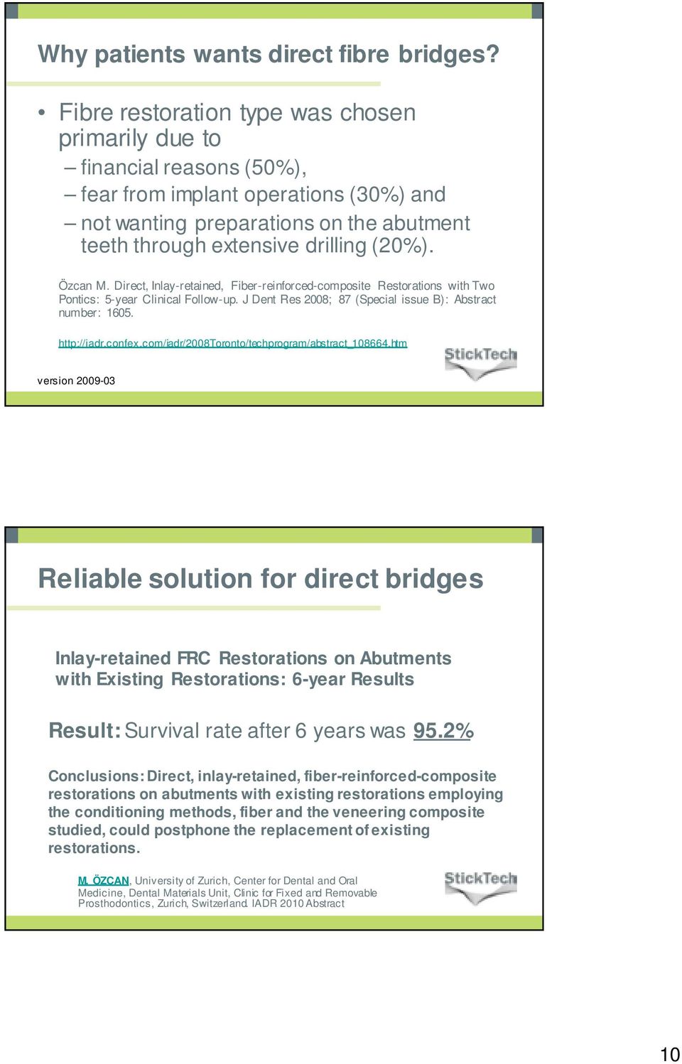 Özcan M. Direct, Inlay-retained, Fiber-reinforced-composite Restorations with Two Pontics: 5-year Clinical Follow-up. J Dent Res 2008; 87 (Special issue B): Abstract number: 1605. http://iadr.confex.