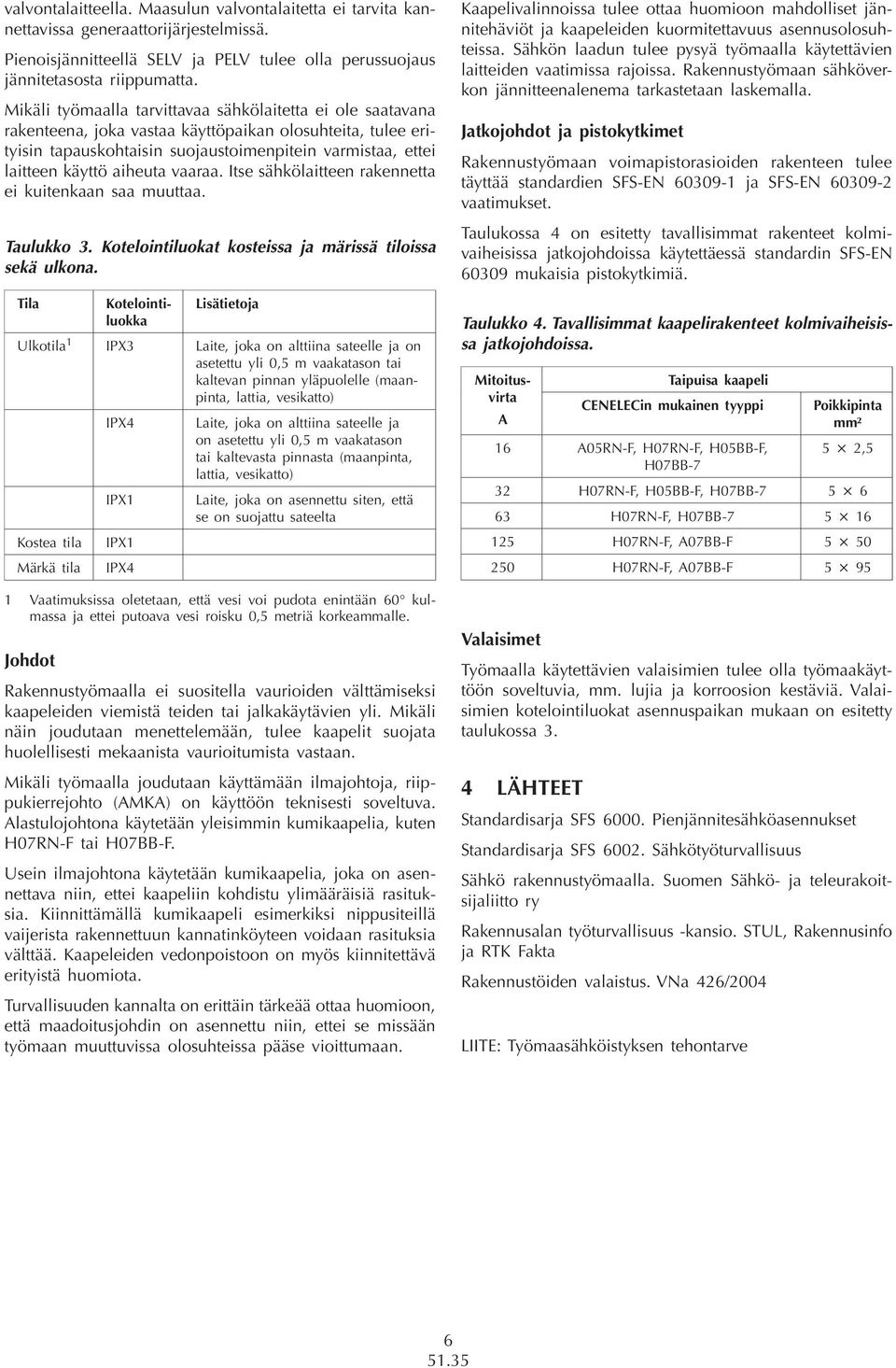 aiheuta vaaraa. Itse sähkölaitteen rakennetta ei kuitenkaan saa muuttaa. Taulukko 3. Kotelointiluokat kosteissa ja märissä tiloissa sekä ulkona.