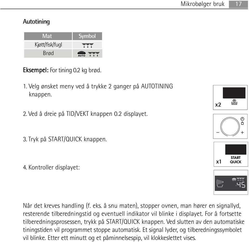 å snu maten), stopper ovnen, man hører en signallyd, resterende tilberedningstid og eventuell indikator vil blinke i displayet.