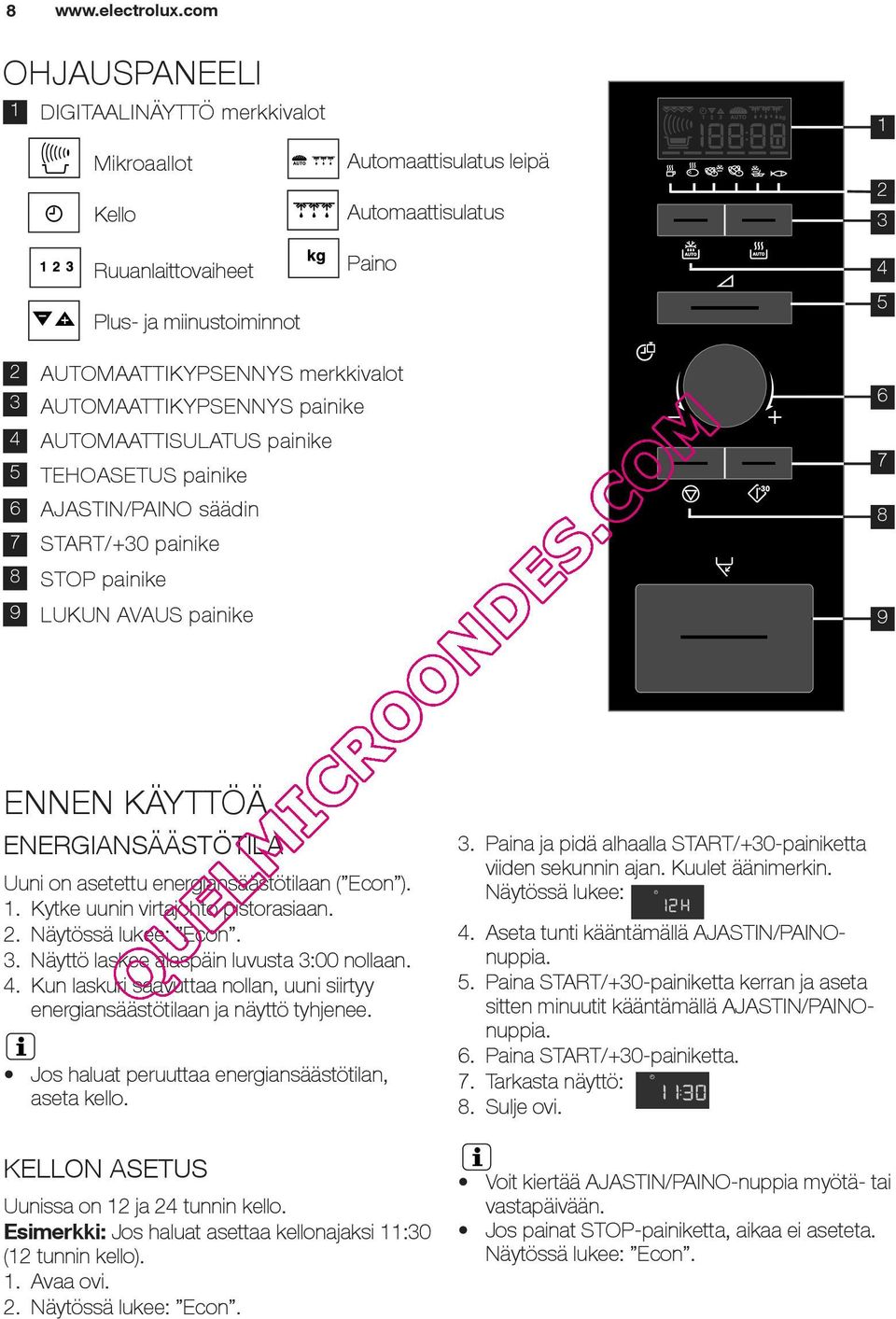 ENERGIANSÄÄSTÖTILA Uuni on asetettu energiansäästötilaan ( Econ ). 1. Kytke uunin virtajohto pistorasiaan. 2. Näytössä lukee: Econ. 3. Näyttö laskee alaspäin luvusta 3:00 nollaan. 4.