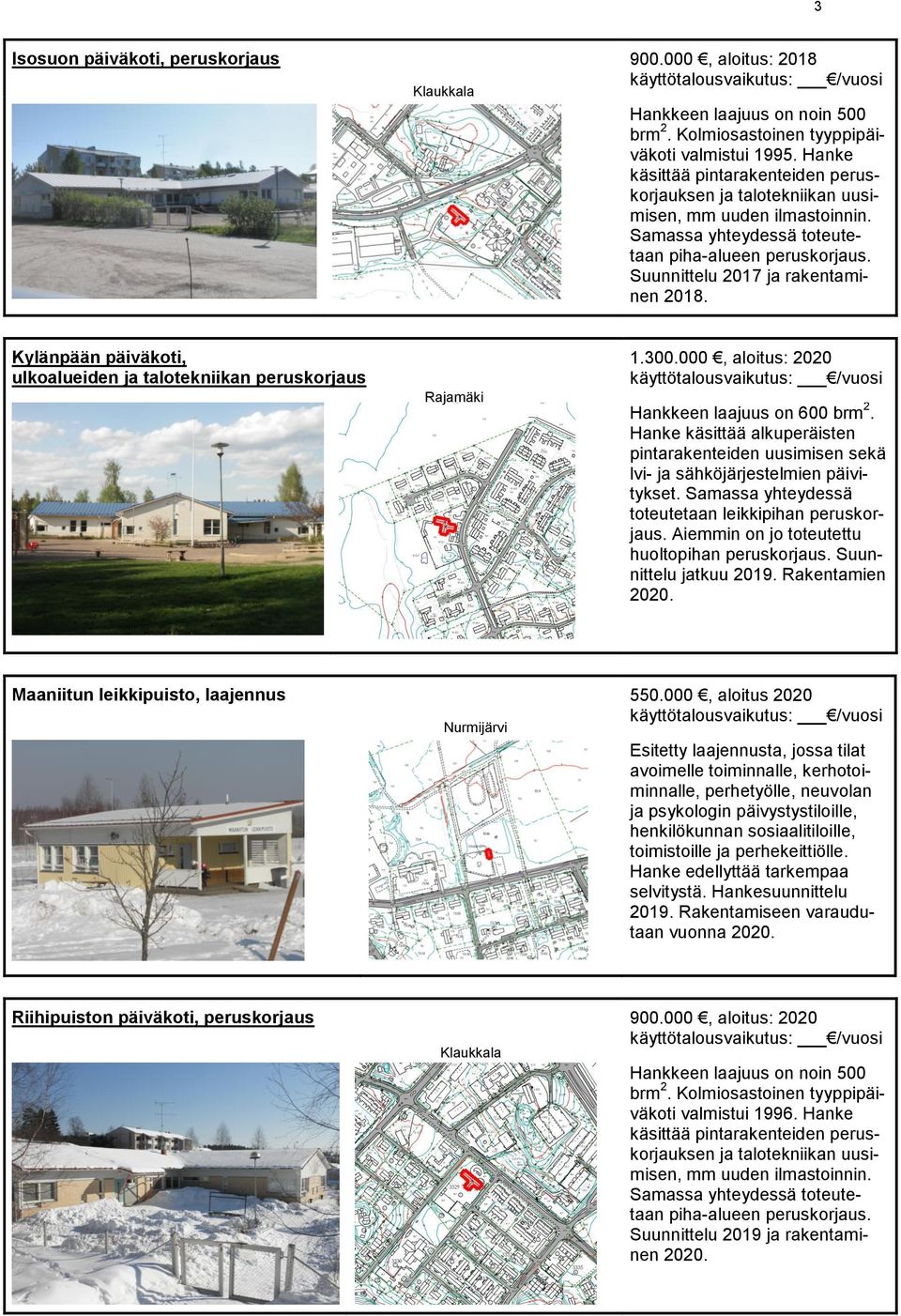 Kylänpään päiväkoti, ulkoalueiden ja talotekniikan peruskorjaus Rajamäki 1.300.000, aloitus: 2020 Hankkeen laajuus on 600 brm 2.