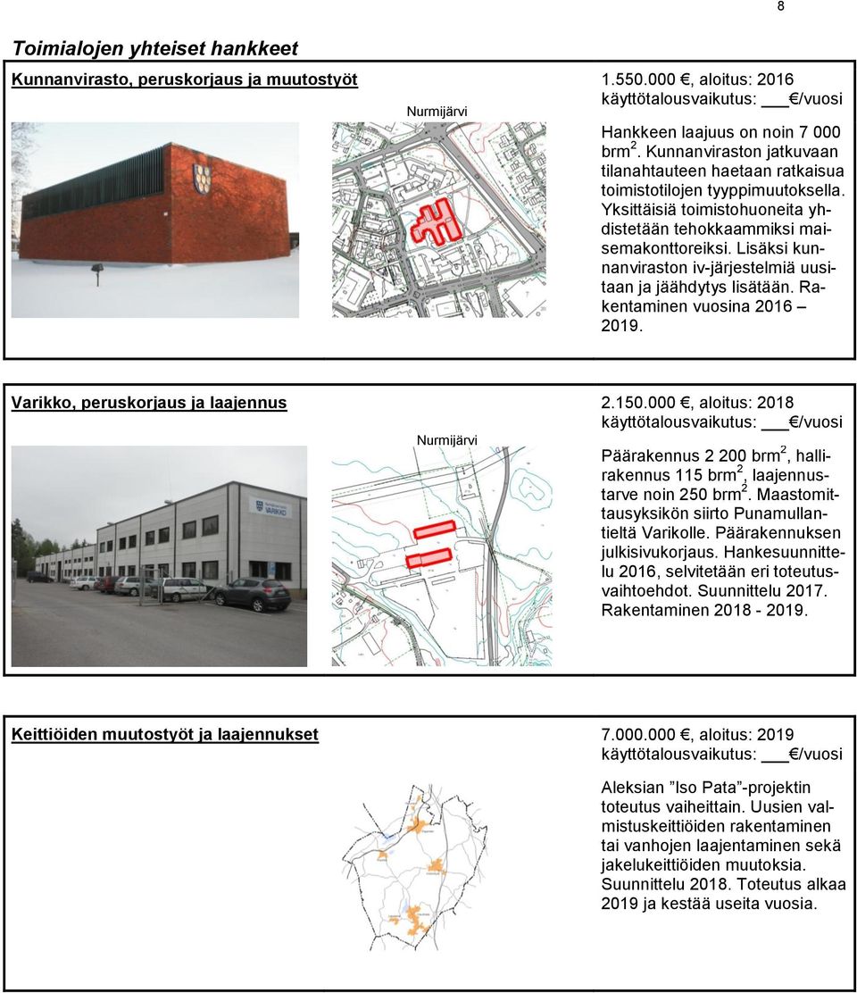 Lisäksi kunnanviraston iv-järjestelmiä uusitaan ja jäähdytys lisätään. Rakentaminen vuosina 2016 2019. 8 Varikko, peruskorjaus ja laajennus 2.150.