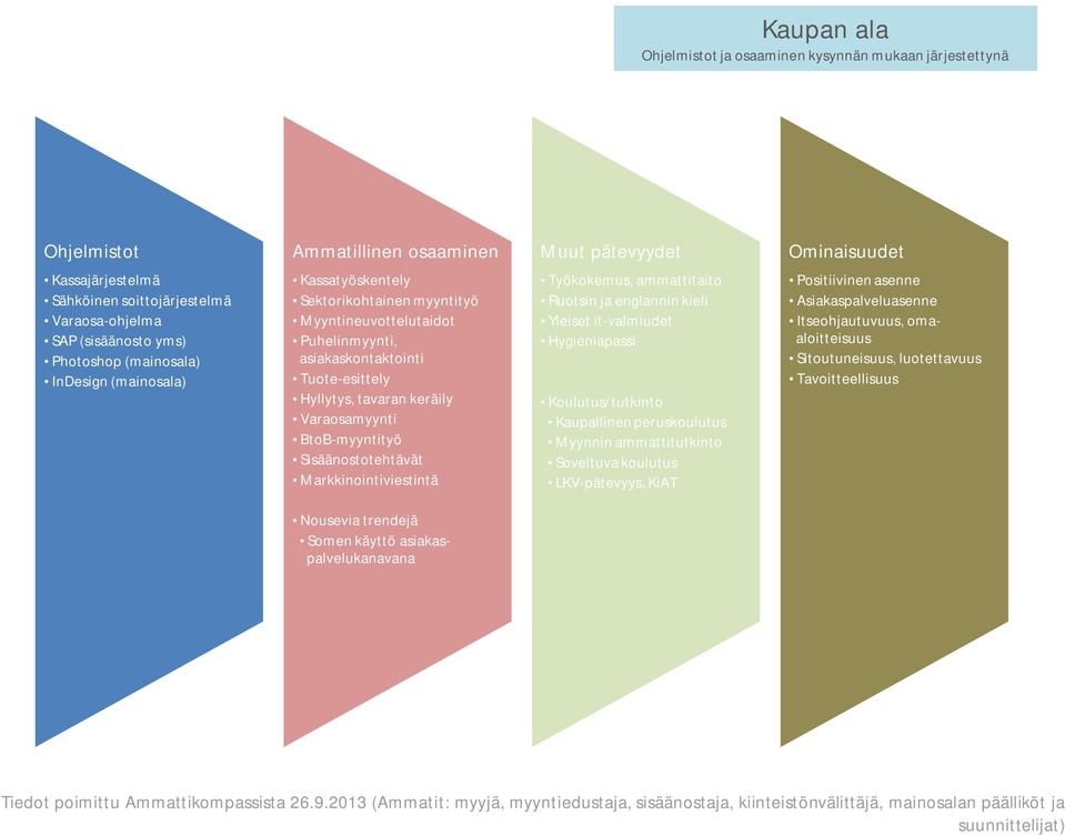 Ammatillinen osaaminen Muut pätevyydet Ominaisuudet Kassajärjestelmä Sähköinen soittojärjestelmä Varaosa-ohjelma SAP (sisäänosto yms) Photoshop (mainosala) InDesign (mainosala) Kassatyöskentely