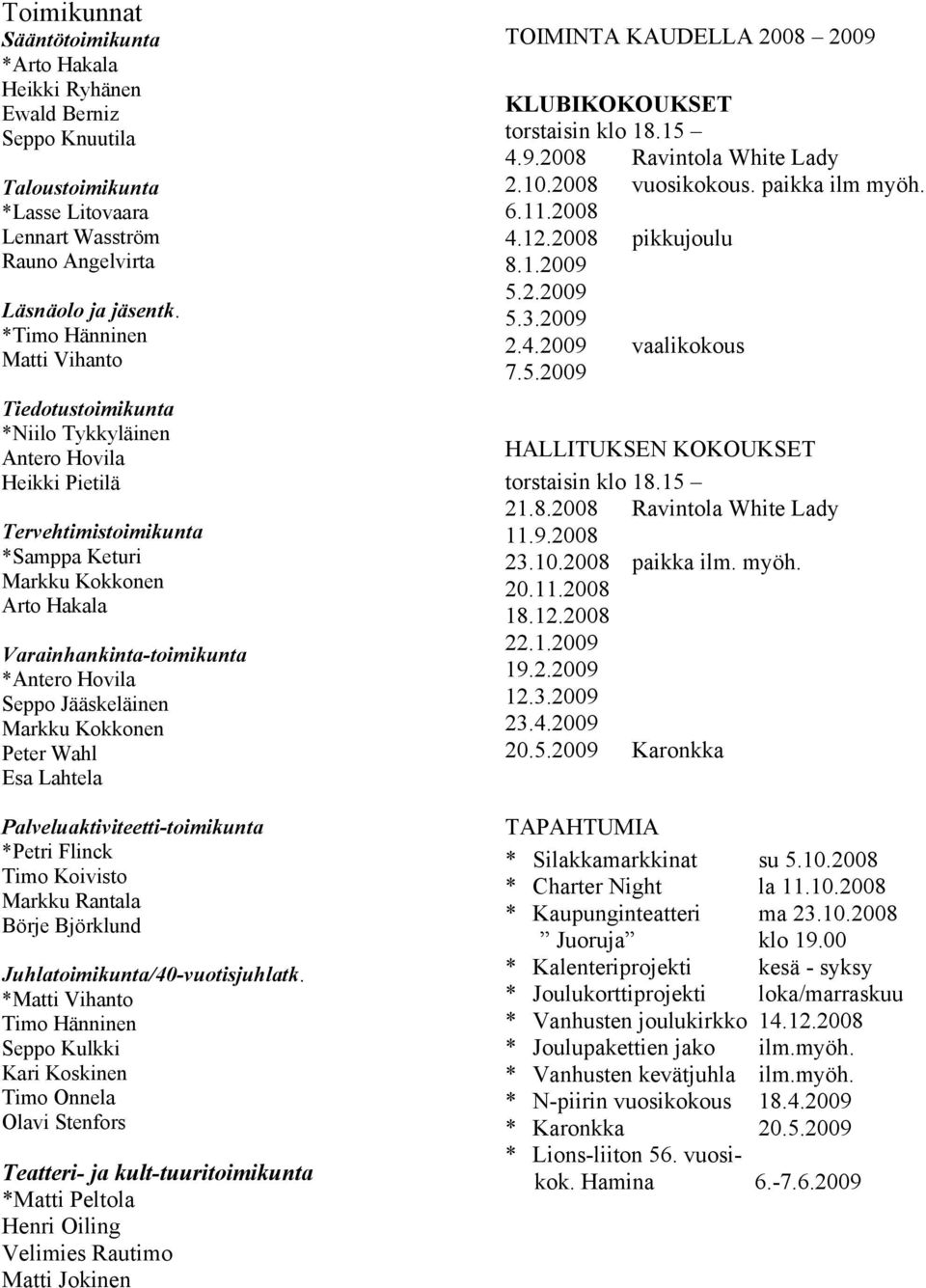 Hovila Seppo Jääskeläinen Markku Kokkonen Peter Wahl Esa Lahtela Palveluaktiviteetti-toimikunta *Petri Flinck Timo Koivisto Markku Rantala Börje Björklund Juhlatoimikunta/40-vuotisjuhlatk.