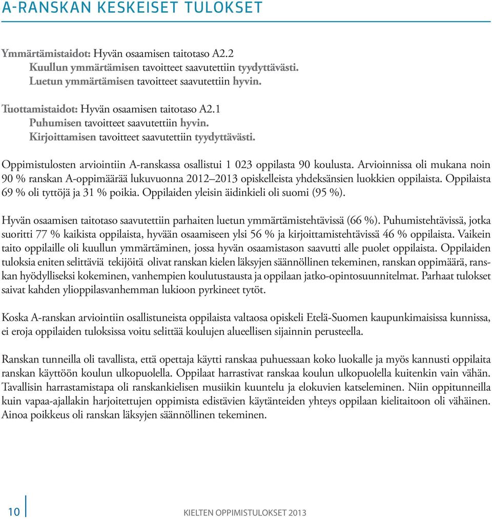 Oppimistulosten arviointiin A-ranskassa osallistui 1 23 oppilasta 9 koulusta. Arvioinnissa oli mukana noin 9 % ranskan A-oppimäärää lukuvuonna 12 13 opiskelleista yhdeksänsien luokkien oppilaista.