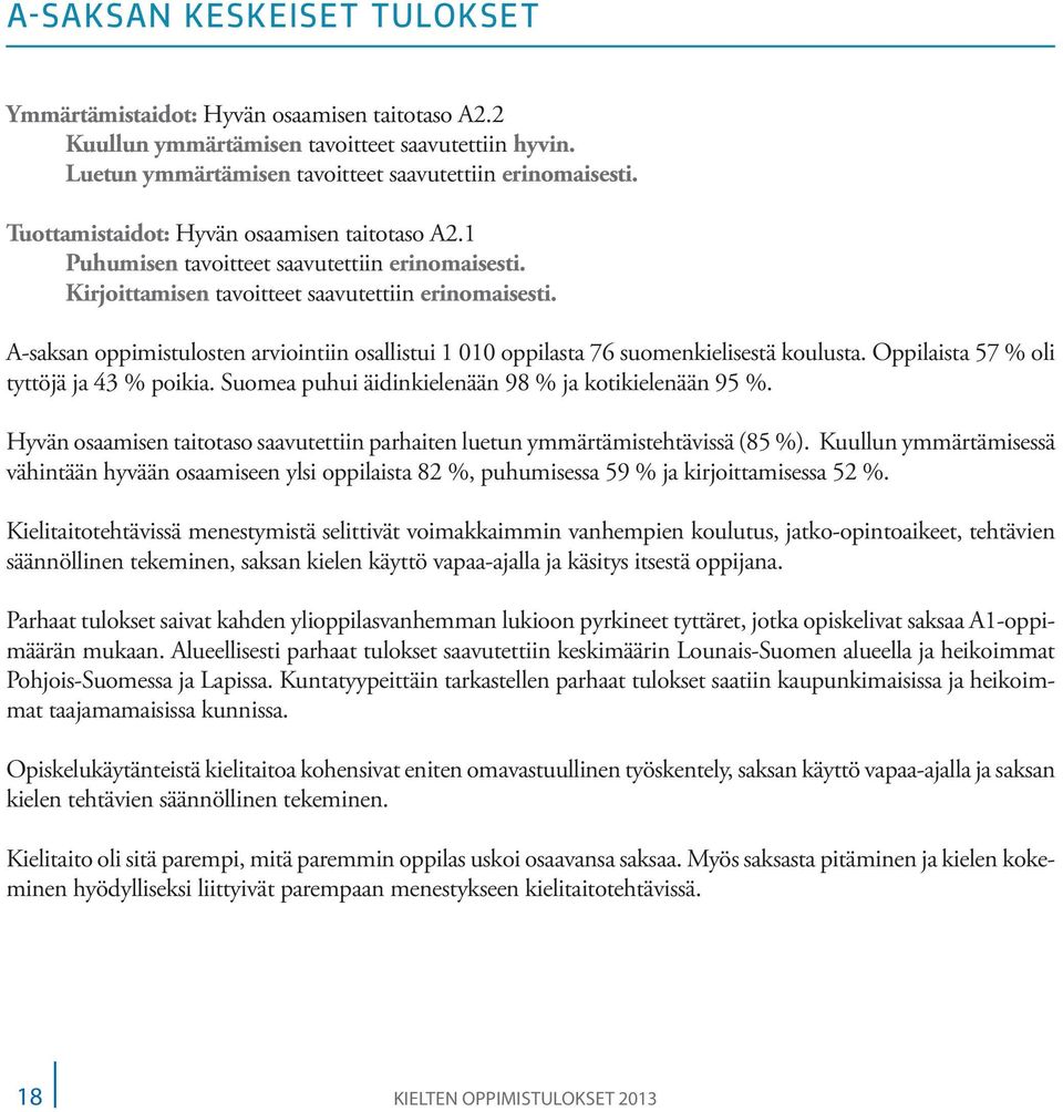 A-saksan oppimistulosten arviointiin osallistui 1 oppilasta 76 suomenkielisestä koulusta. Oppilaista 7 % oli tyttöjä ja 43 % poikia. Suomea puhui äidinkielenään 98 % ja kotikielenään 9 %.