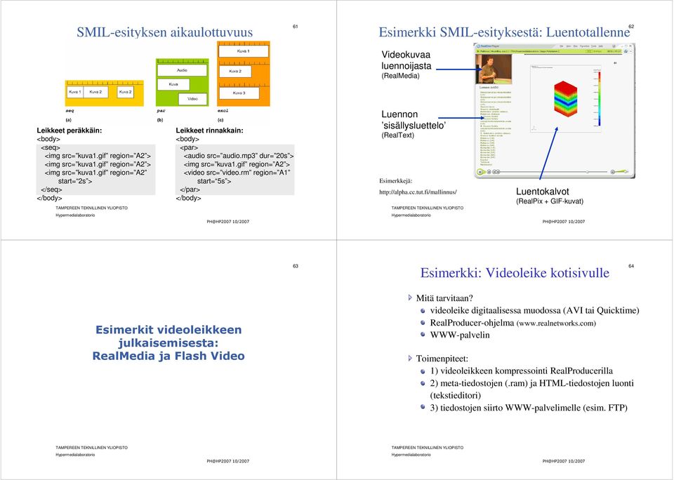 rm region= A1 start= 5s > </par> </body> Luennon sisällysluettelo (RealText) Esimerkkejä: http://alpha.cc.tut.