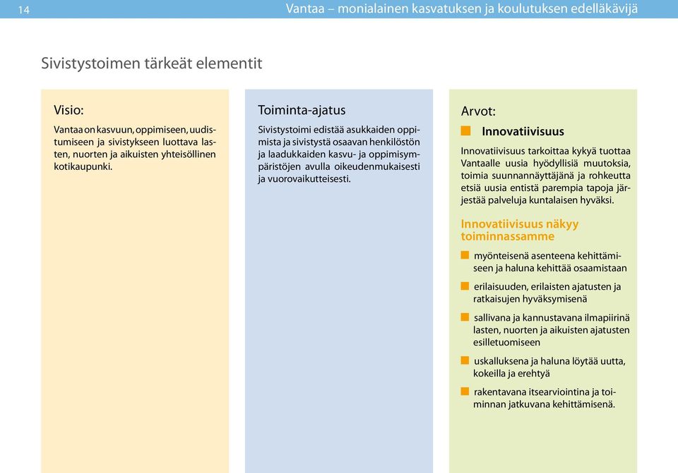 Toiminta-ajatus Sivistystoimi edistää asukkaiden oppimista ja sivistystä osaavan henkilöstön ja laadukkaiden kasvu- ja oppimisympäristöjen avulla oikeudenmukaisesti ja vuorovaikutteisesti.