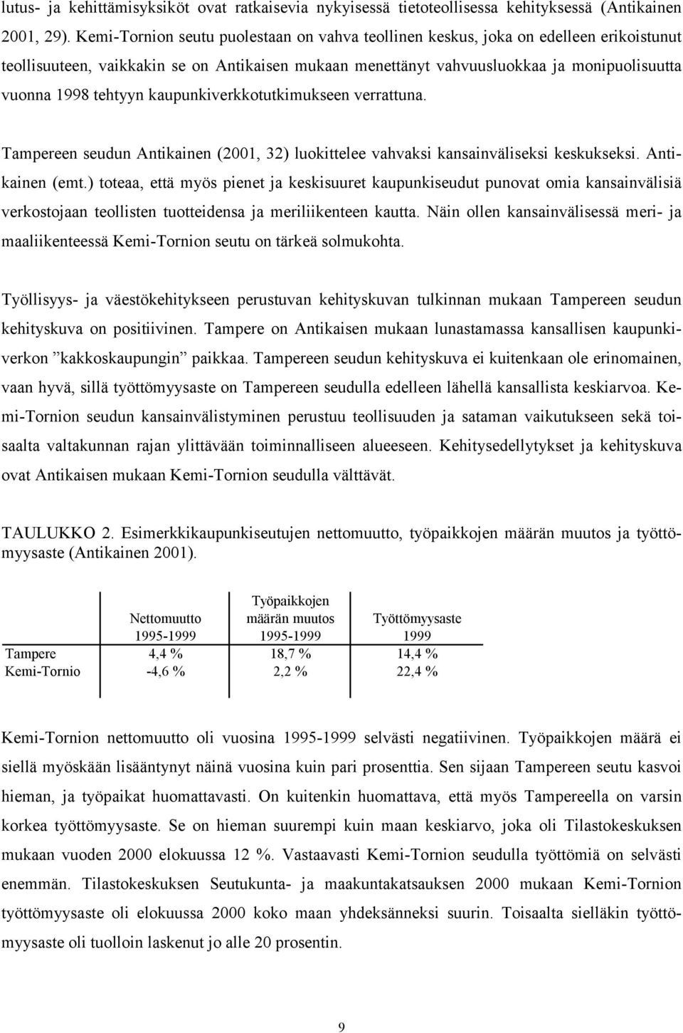 tehtyyn kaupunkiverkkotutkimukseen verrattuna. Tampereen seudun Antikainen (2001, 32) luokittelee vahvaksi kansainväliseksi keskukseksi. Antikainen (emt.