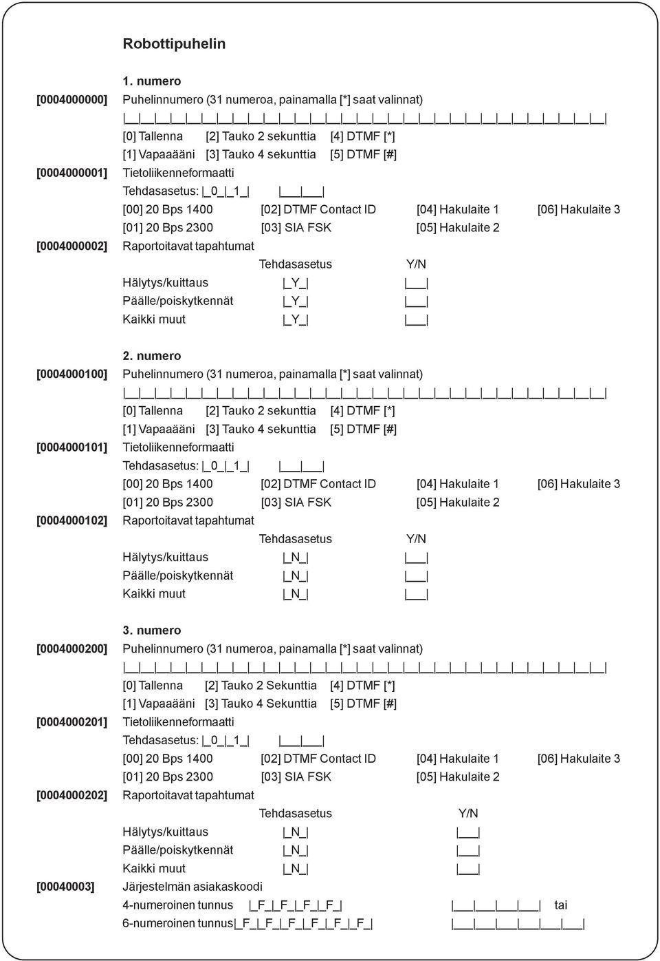 Tietoliikenneformaatti Tehdasasetus: _0_ _1_ [00] 20 Bps 1400 [02] DTMF Contact ID [04] Hakulaite 1 [06] Hakulaite 3 [01] 20 Bps 2300 [03] SIA FSK [05] Hakulaite 2 [0004000002] Raportoitavat