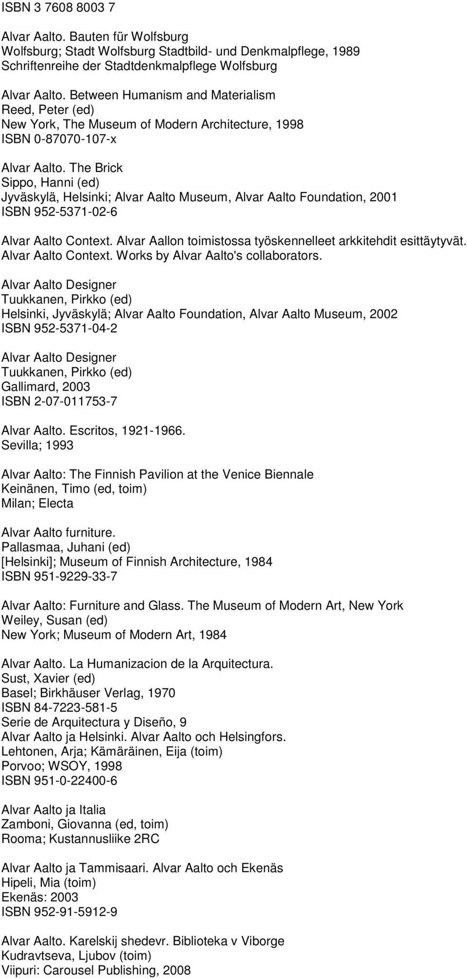 The Brick Sippo, Hanni (ed) Jyväskylä, Helsinki; Museum, Foundation, 2001 ISBN 952-5371-02-6 Context. Alvar Aallon toimistossa työskennelleet arkkitehdit esittäytyvät. Context. Works by 's collaborators.
