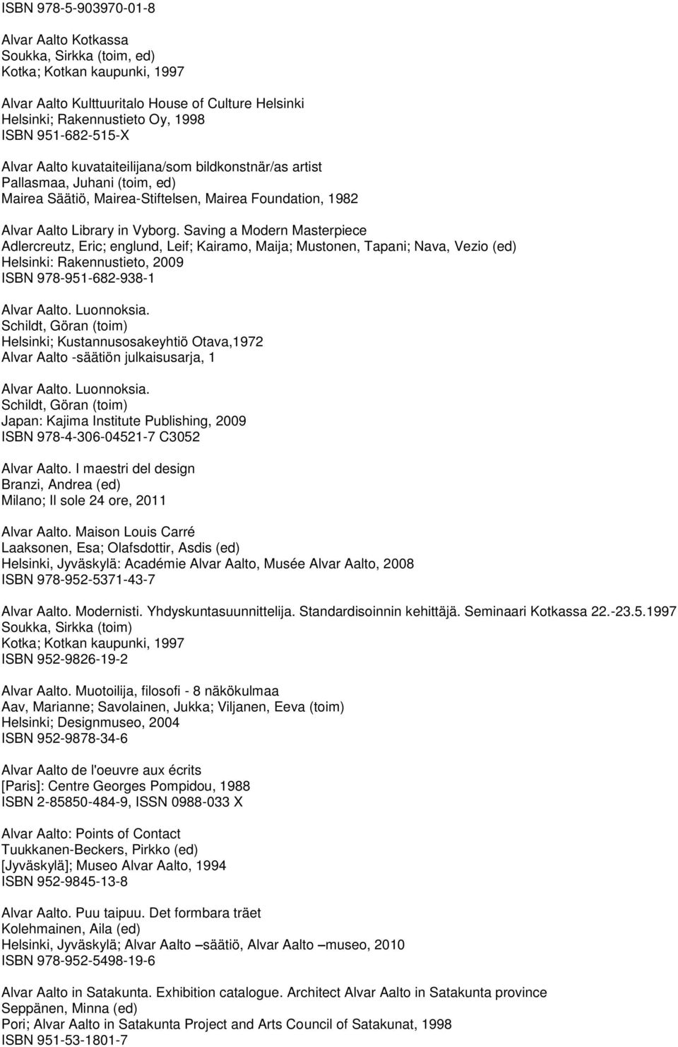 Saving a Modern Masterpiece Adlercreutz, Eric; englund, Leif; Kairamo, Maija; Mustonen, Tapani; Nava, Vezio (ed) Helsinki: Rakennustieto, 2009 ISBN 978-951-682-938-1. Luonnoksia.
