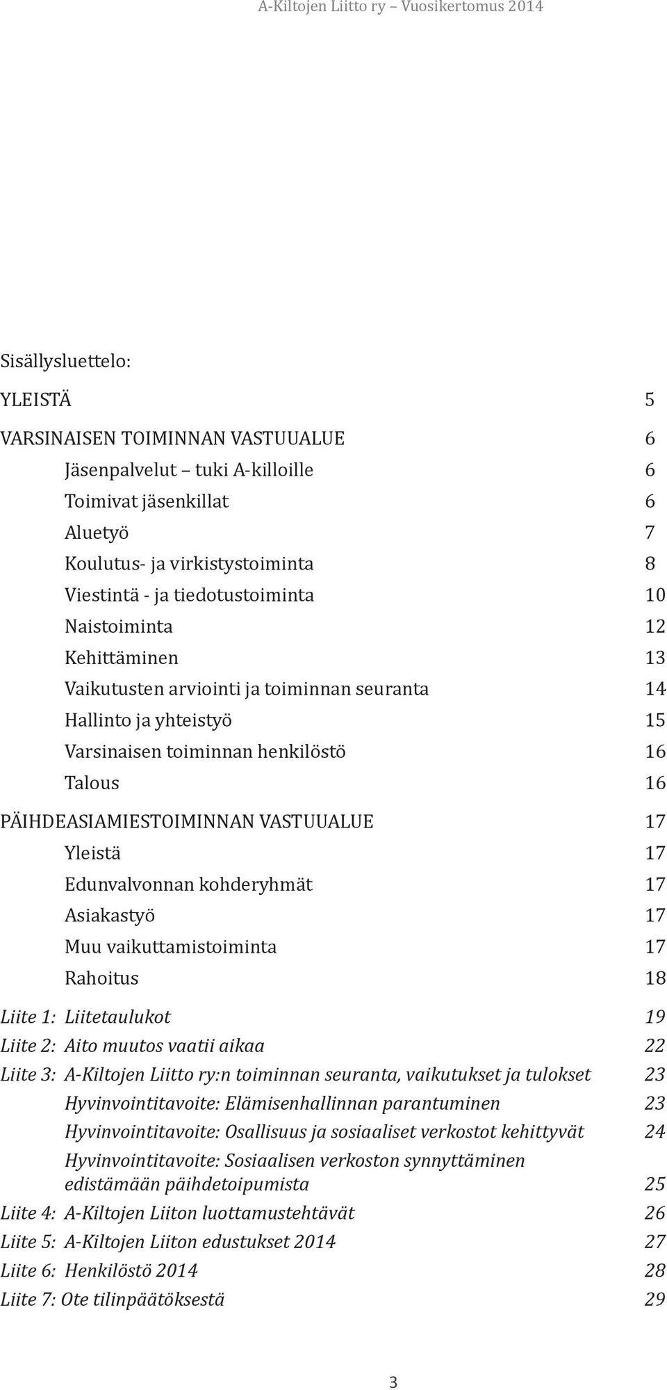 Edunvalvonnan kohderyhmät 17 Asiakastyö 17 Muu vaikuttamistoiminta 17 Rahoitus 18 Liite 1: Liitetaulukot 19 Liite 2: Aito muutos vaatii aikaa 22 Liite 3: A-Kiltojen Liitto ry:n toiminnan seuranta,