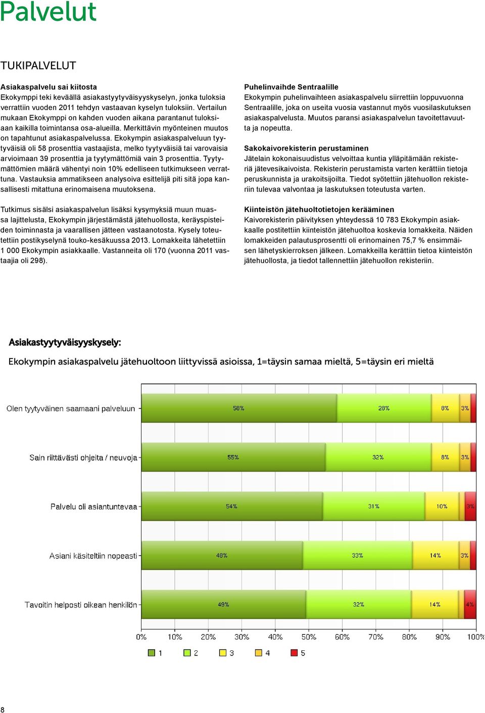 Ekokympin asiakaspalveluun tyytyväisiä oli 58 prosenttia vastaajista, melko tyytyväisiä tai varovaisia arvioimaan 39 prosenttia ja tyytymättömiä vain 3 prosenttia.