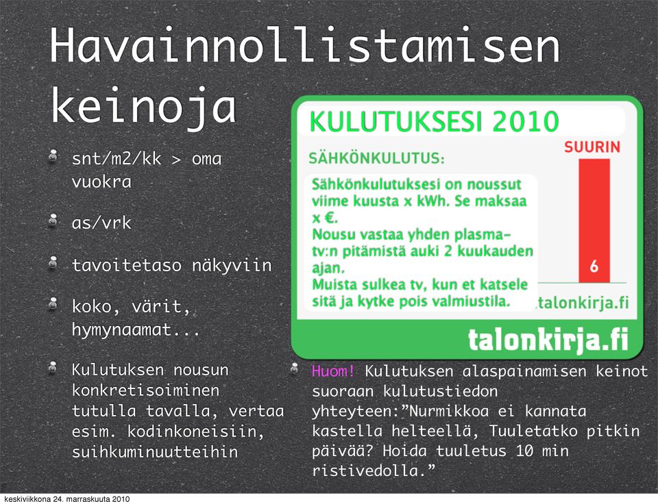 kodinkoneisiin, suihkuminuutteihin KULUTUKSESI 2010 Sähkönkulutuksesi on noussut viime kuusta x kwh. Se maksaa x.