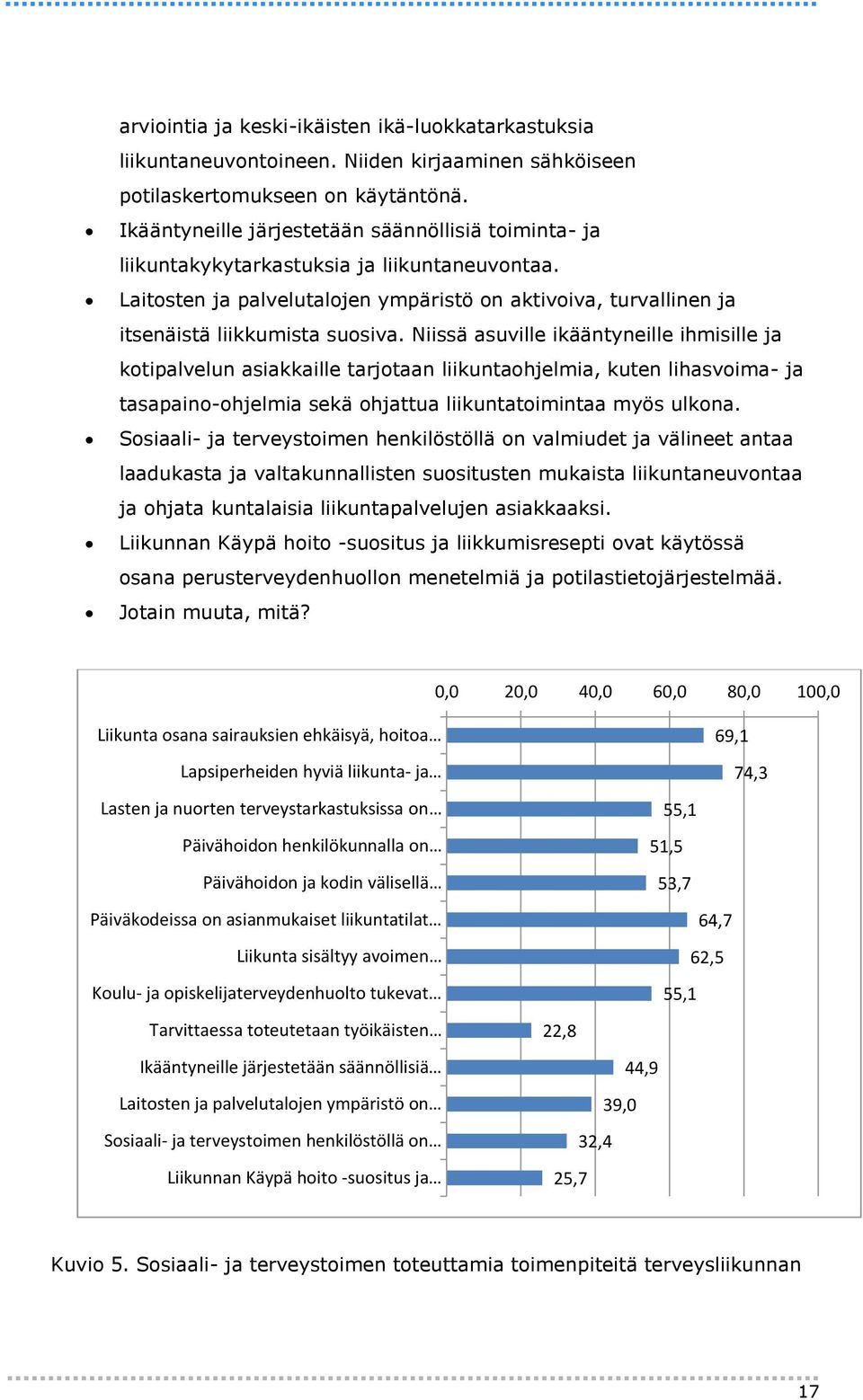 Niissä asuville ikääntyneille ihmisille ja kotipalvelun asiakkaille tarjotaan liikuntaohjelmia, kuten lihasvoima- ja tasapaino-ohjelmia sekä ohjattua liikuntatoimintaa myös ulkona.