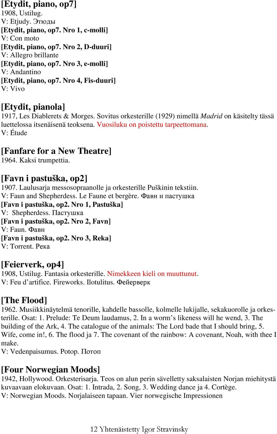 Sovitus orkesterille (1929) nimellä Madrid on käsitelty tässä luettelossa itsenäisenä teoksena. Vuosiluku on poistettu tarpeettomana. V: Étude [Fanfare for a New Theatre] 1964. Kaksi trumpettia.