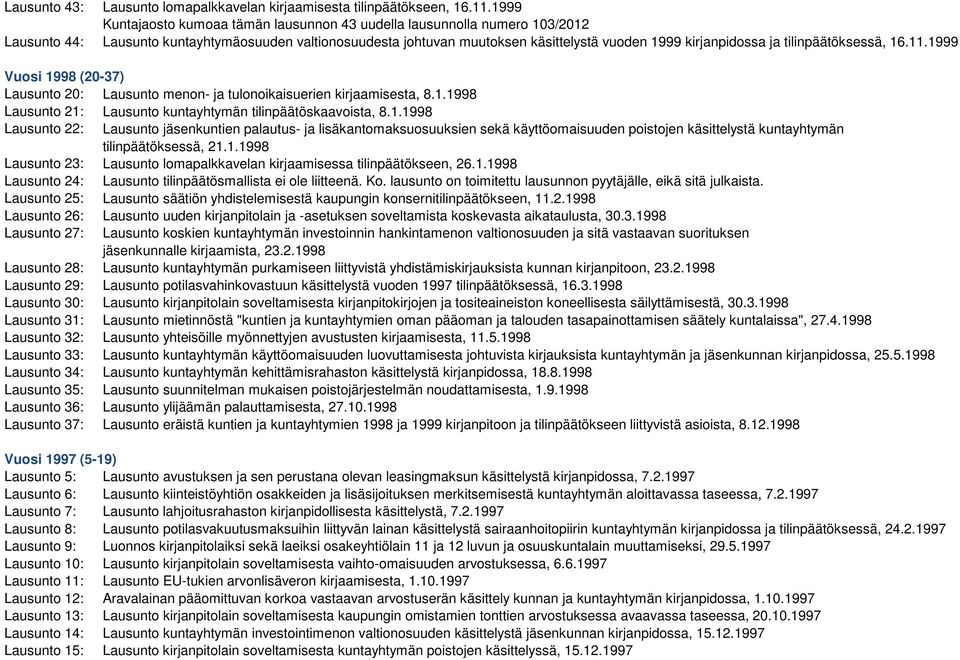 tilinpäätöksessä, 16.11.1999 Vuosi 1998 (20-37) Lausunto 20: Lausunto menon- ja tulonoikaisuerien kirjaamisesta, 8.1.1998 Lausunto 21: Lausunto kuntayhtymän tilinpäätöskaavoista, 8.1.1998 Lausunto 22: Lausunto jäsenkuntien palautus- ja lisäkantomaksuosuuksien sekä käyttöomaisuuden poistojen käsittelystä kuntayhtymän tilinpäätöksessä, 21.