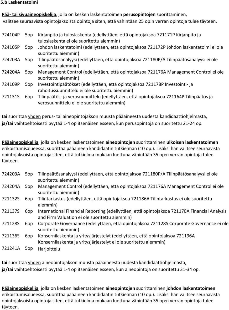 724104P 5op Kirjanpito ja tuloslaskenta (edellyttäen, että opintojaksoa 721171P Kirjanpito ja tuloslaskenta ei ole 724105P 5op Johdon laskentatoimi (edellyttäen, että opintojaksoa 721172P Johdon