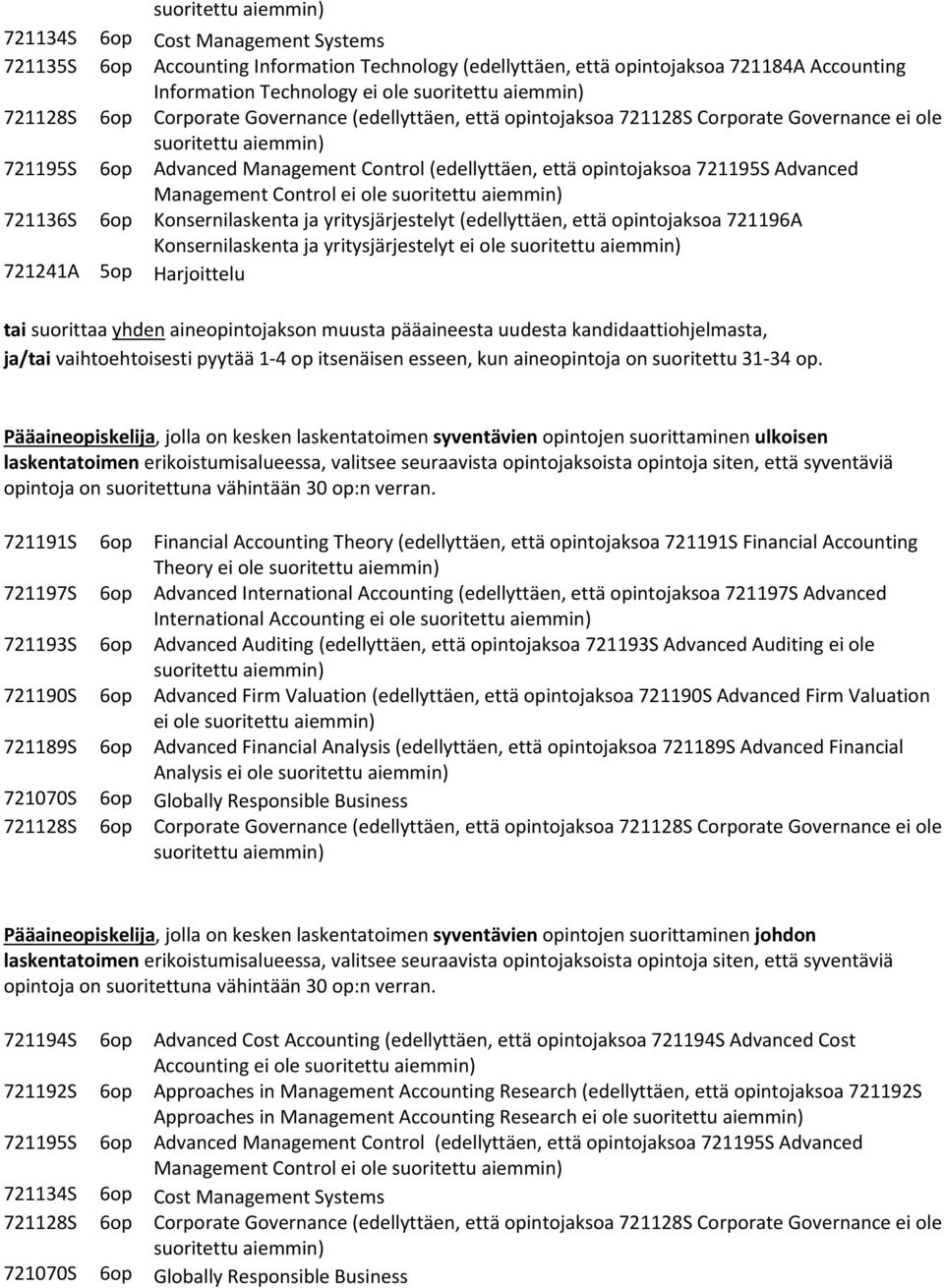 Konsernilaskenta ja yritysjärjestelyt (edellyttäen, että opintojaksoa 721196A Konsernilaskenta ja yritysjärjestelyt ei ole 721241A 5op Harjoittelu tai suorittaa yhden aineopintojakson muusta