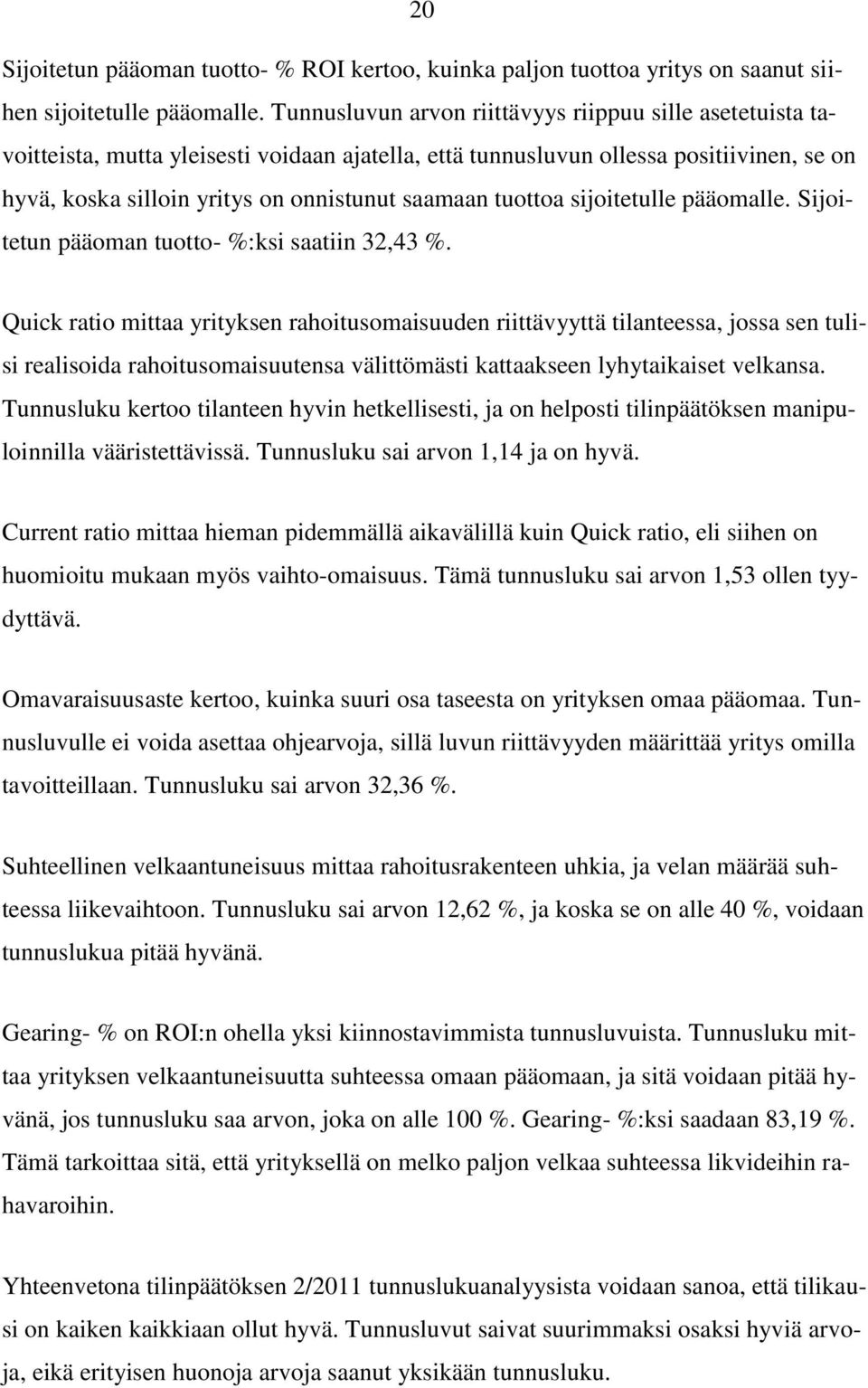 tuottoa sijoitetulle pääomalle. Sijoitetun pääoman tuotto- %:ksi saatiin 32,43 %.