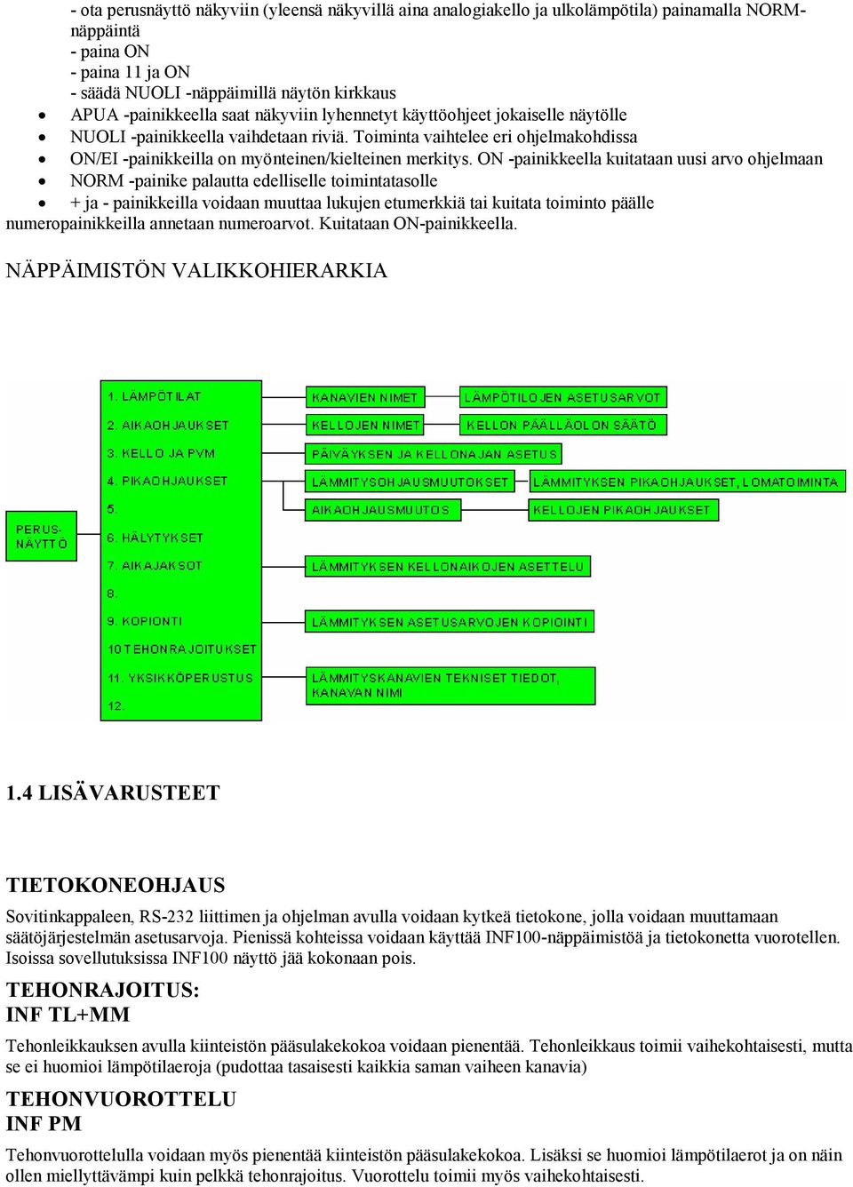 ON -painikkeella kuitataan uusi arvo ohjelmaan NORM -painike palautta edelliselle toimintatasolle + ja - painikkeilla voidaan muuttaa lukujen etumerkkiä tai kuitata toiminto päälle numeropainikkeilla