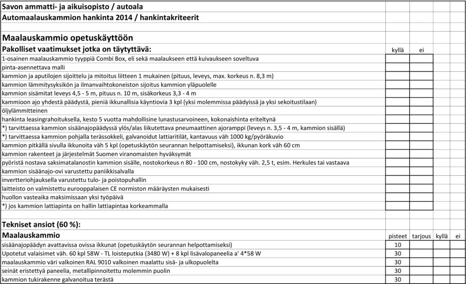 8,3 m) kammion lämmitysyksikön ja ilmanvaihtokoneiston sijoitus kammion yläpuolelle kammion sisämitat leveys 4,5-5 m, pituus n.