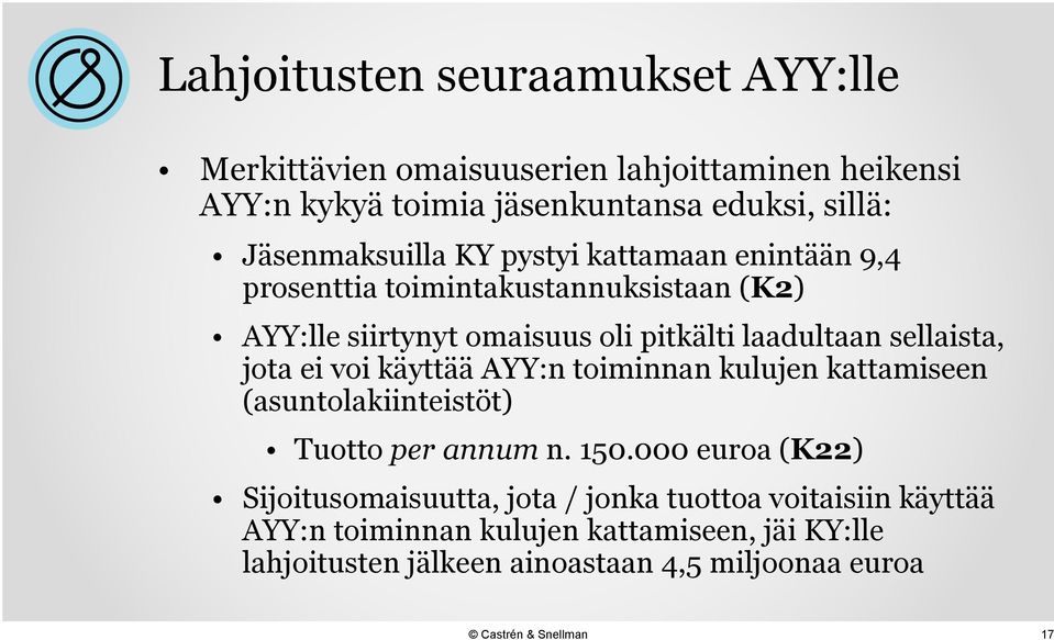 sellaista, jota ei voi käyttää AYY:n toiminnan kulujen kattamiseen (asuntolakiinteistöt) Tuotto per annum n. 150.