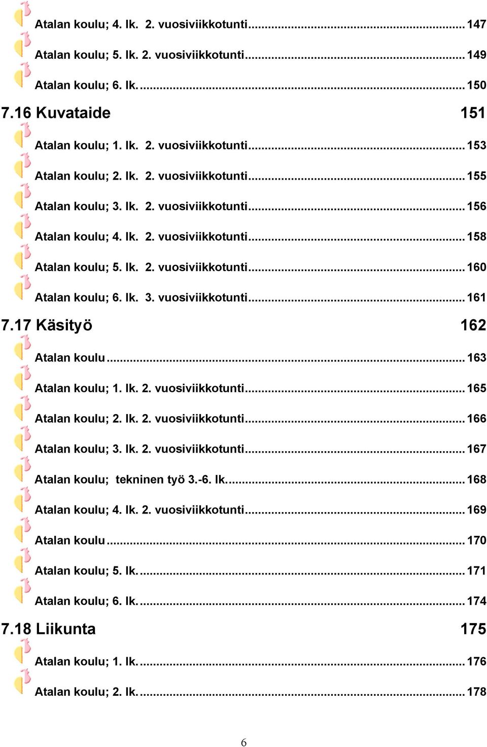 17 Käsityö 162 Atalan koulu...163 Atalan koulu; 1. lk. 2. vuosiviikkotunti...165 Atalan koulu; 2. lk. 2. vuosiviikkotunti...166 Atalan koulu; 3. lk. 2. vuosiviikkotunti...167 Atalan koulu; tekninen työ 3.