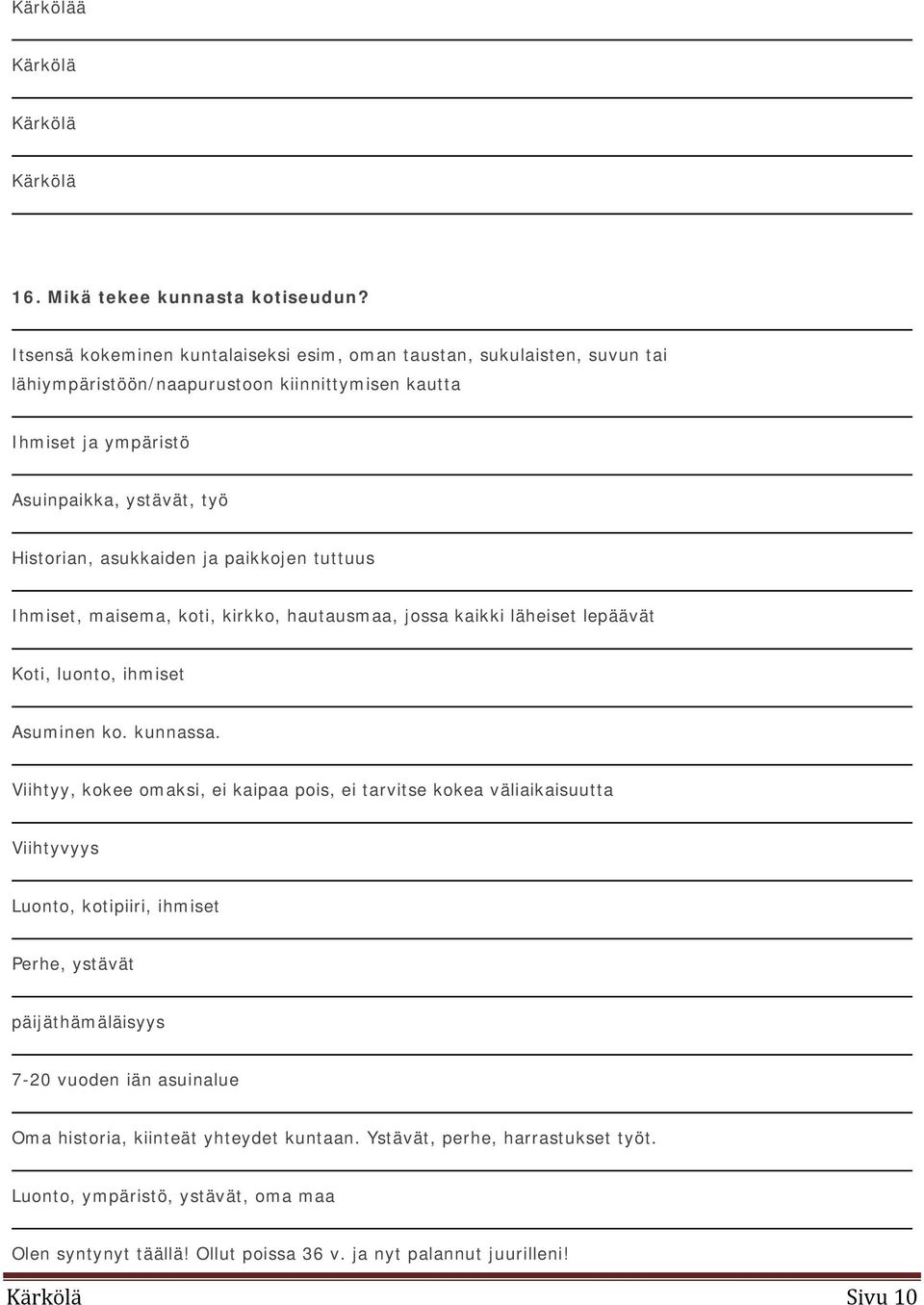 Historian, asukkaiden ja paikkojen tuttuus Ihmiset, maisema, koti, kirkko, hautausmaa, jossa kaikki läheiset lepäävät Koti, luonto, ihmiset Asuminen ko. kunnassa.